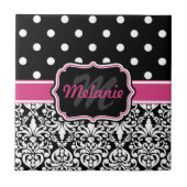 Hot Pink Black Mit Monogramm Damask Polka Dot Fliese (Vorderseite)