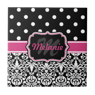 Hot Pink Black Mit Monogramm Damask Polka Dot Fliese