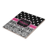 Hot Pink Black Mit Monogramm Damask Polka Dot Fliese (Seite)