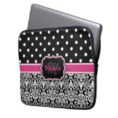 Hot Pink Black Mit Monogramm Damask Polka Dot Laptopschutzhülle (Vorderseite Links)