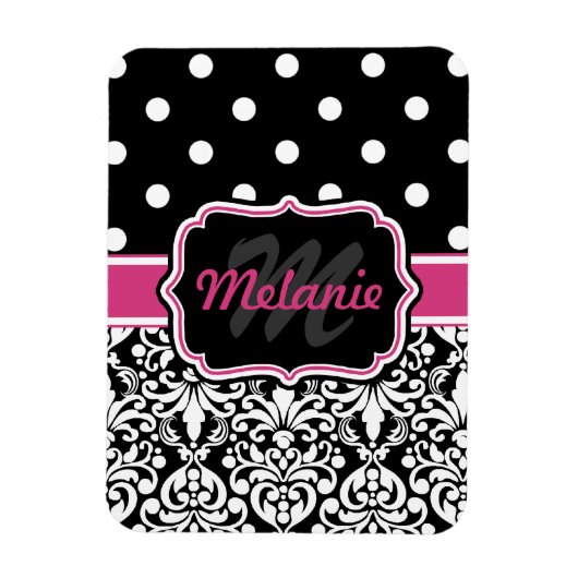 Hot Pink Black Mit Monogramm Damask Polka Dot Magnet (Vertikal)