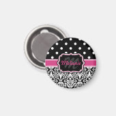 Hot Pink Black Mit Monogramm Damask Polka Dot Magnet (Vorderseite/Rückseite)
