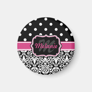Hot Pink Black Mit Monogramm Damask Polka Dot Magnet
