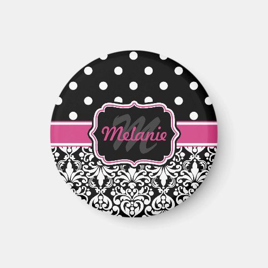 Hot Pink Black Mit Monogramm Damask Polka Dot Magnet (Vorne)