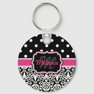 Hot Pink Black Mit Monogramm Damask Polka Dot Schlüsselanhänger