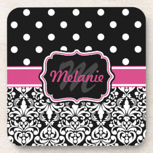 Hot Pink Black Mit Monogramm Damask Polka Dot Untersetzer