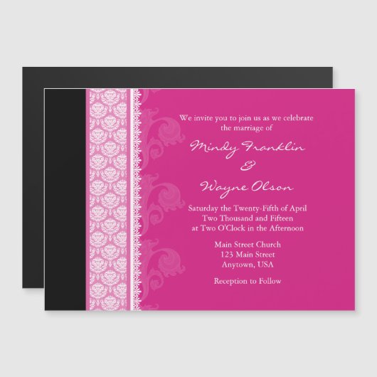 Hot Pink Black Modern Magnetic Wedding Einladung (Vorne/Hinten)