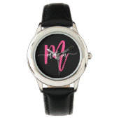 Hot Pink Black Modern Script Girls Monogram Name Armbanduhr (Vorderseite)