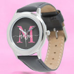 Hot Pink Black Modern Script Girls Monogram Name Armbanduhr<br><div class="desc">Mit unserer Hot Pink Modern Script Girls Monogram Name Watch mit Eleganz ergänzen! Dieses stilvolle Uhrwerk besticht durch ein lebendiges, heiß rosa Gesicht, das mit Ihrem Namen in einem schicken, modernen Drehbuch für ein einzigartiges, individuelles Aussehen personalisiert ist. Perfekt um jedem Outfit einen Pop Farbe hinzuzufügen, kombiniert es Mode mit...</div>