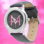 Hot Pink Black Modern Script Girls Monogram Name Armbanduhr<br><div class="desc">Mit unserer Hot Pink Modern Script Girls Monogram Name Watch mit Eleganz ergänzen! Dieses stilvolle Uhrwerk besticht durch ein lebendiges, heiß rosa Gesicht, das mit Ihrem Namen in einem schicken, modernen Drehbuch für ein einzigartiges, individuelles Aussehen personalisiert ist. Perfekt um jedem Outfit einen Pop Farbe hinzuzufügen, kombiniert es Mode mit...</div>