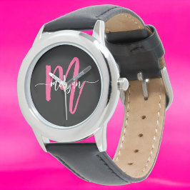 Hot Pink Black Modern Script Girls Monogram Name Armbanduhr