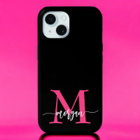 Hot Pink Black Modern Script Name Girl Monogram
