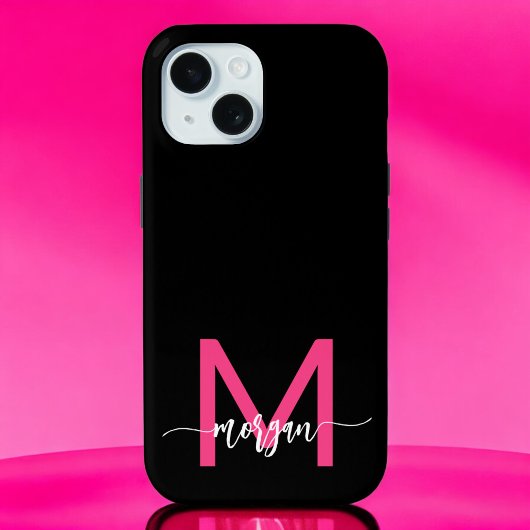 Hot Pink Black Modern Script Name Girl Monogram Case-Mate iPhone Hülle
