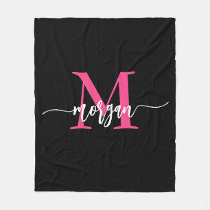 Hot Pink Black Modern Script Name Girl Monogram Fleecedecke