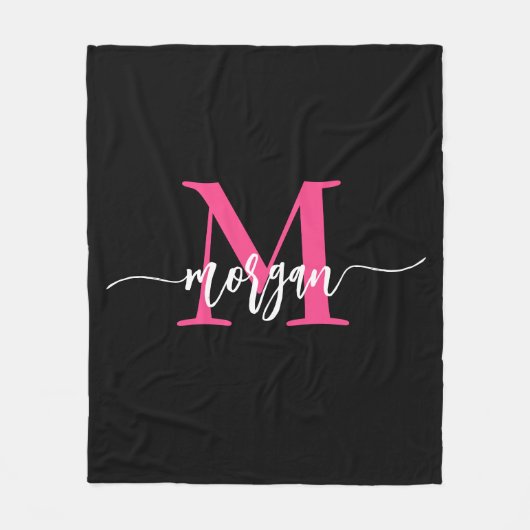 Hot Pink Black Modern Script Name Girl Monogram Fleecedecke (Vorderseite)