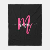 Hot Pink Black Modern Script Name Girl Monogram Fleecedecke (Vorderseite)