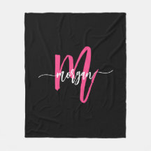 Hot Pink Black Modern Script Name Girl Monogram