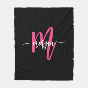Hot Pink Black Modern Script Name Girl Monogram Fleecedecke