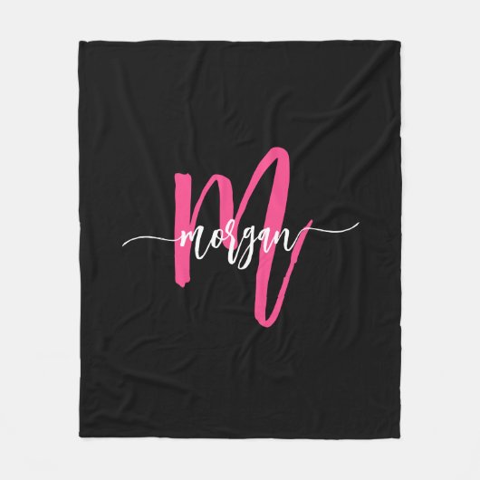 Hot Pink Black Modern Script Name Girl Monogram Fleecedecke (Vorderseite)