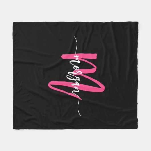 Hot Pink Black Modern Script Name Girl Monogram Fleecedecke (Vorderseite (Horizontal))