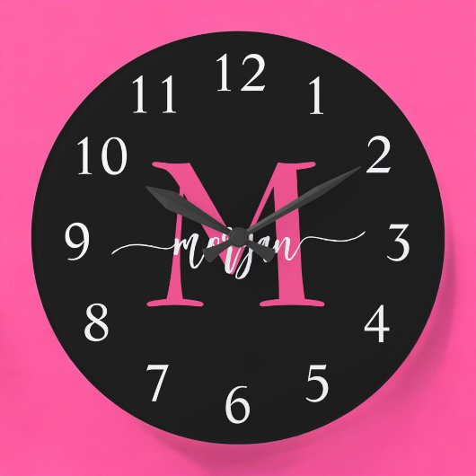 Hot Pink Black Modern Script Name Girl Monogram Große Wanduhr