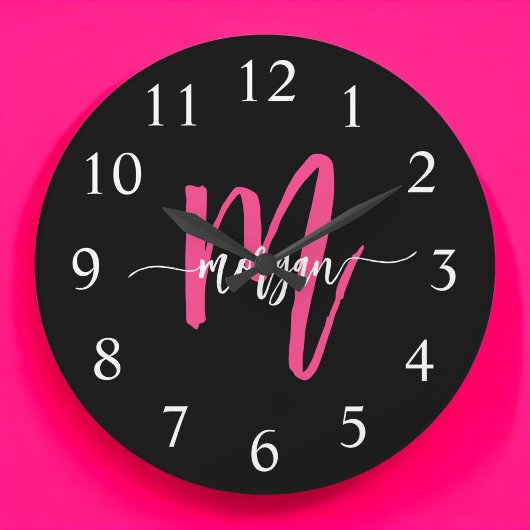 Hot Pink Black Modern Script Name Girl Monogram Große Wanduhr