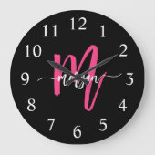 Hot Pink Black Modern Script Name Girl Monogram Große Wanduhr (Vorderseite)