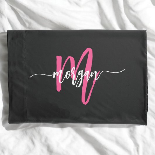 Hot Pink Black Modern Script Name Girl Monogram Kissenbezug