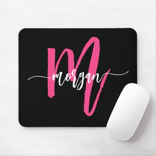Hot Pink Black Modern Script Name Girl Monogram Mousepad (Mit Mouse)