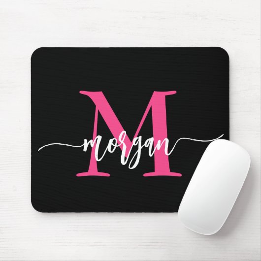 Hot Pink Black Modern Script Name Girl Monogram Mousepad (Mit Mouse)