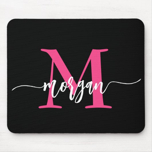 Hot Pink Black Modern Script Name Girl Monogram Mousepad (Vorne)