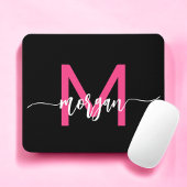 Hot Pink Black Modern Script Name Girl Monogram Mousepad