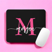 Hot Pink Black Modern Script Name Girl Monogram Mousepad