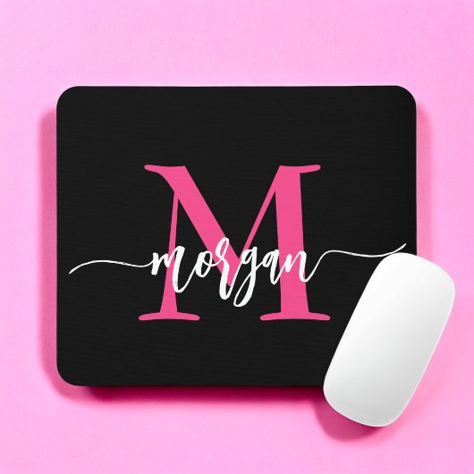 Hot Pink Black Modern Script Name Girl Monogram Mousepad