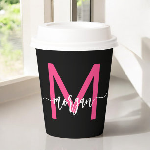 Hot Pink Black Modern Script Name Girl Monogram Pappbecher