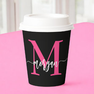 Hot Pink Black Modern Script Name Girl Monogram Pappbecher