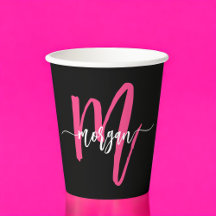 Hot Pink Black Modern Script Name Girl Monogram