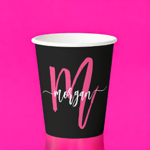 Hot Pink Black Modern Script Name Girl Monogram Pappbecher