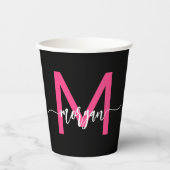 Hot Pink Black Modern Script Name Girl Monogram Pappbecher (Vorderseite)