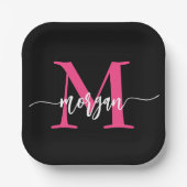 Hot Pink Black Modern Script Name Girl Monogram Pappteller (Vorderseite)