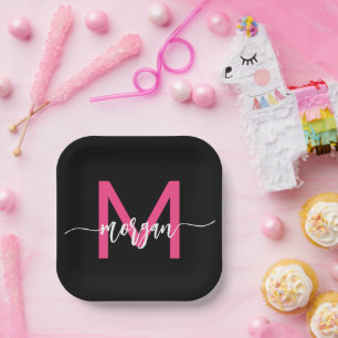 Hot Pink Black Modern Script Name Girl Monogram Pappteller