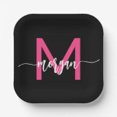 Hot Pink Black Modern Script Name Girl Monogram Pappteller (Vorderseite)
