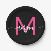 Hot Pink Black Modern Script Name Girl Monogram Pappteller (Vorderseite)