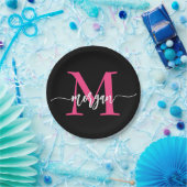 Hot Pink Black Modern Script Name Girl Monogram Pappteller (Party)