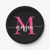 Hot Pink Black Modern Script Name Girl Monogram Pappteller (Vorderseite)