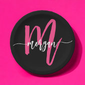 Hot Pink Black Modern Script Name Girl Monogram Pappteller