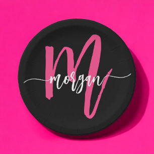 Hot Pink Black Modern Script Name Girl Monogram Pappteller