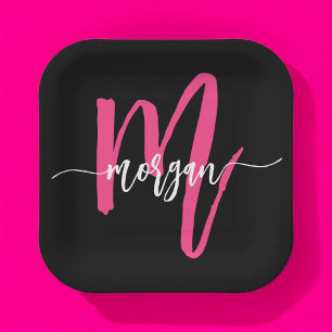 Hot Pink Black Modern Script Name Girl Monogram Pappteller