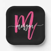 Hot Pink Black Modern Script Name Girl Monogram Pappteller (Vorderseite)