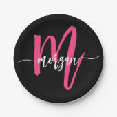 Hot Pink Black Modern Script Name Girl Monogram Pappteller (Vorderseite)